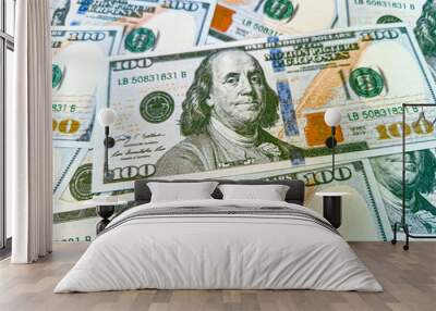 100 american dollars cash in full frame photo. dollar Benjamin Franklin, currency concept, investment, wealth money, medium of exchange, american taxes, luxury, greed, hard work, dollar business Wall mural