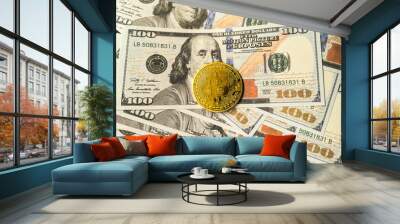 Dollar money paper and Bitcoin cryptocurrency. Symbol of the change from physical to digital currency in the new era. Concept investment, bank , growth economy  Wall mural