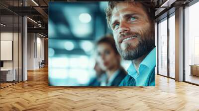 A businessman with a confident demeanor gazes into the distance in a corporate meeting room, conveying ambition and determination in a professional environment. Wall mural