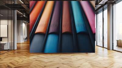 A close-up image depicting colorful crayon tips neatly arranged in a row. It represents creative potential and the beauty of colors in artistry and design. Wall mural