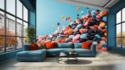 A close-up image of assorted colorful candies in motion, depicting sweetness, excitement, and a delightful blend of vibrant hues and joyful indulgence. Wall mural