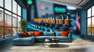 A close-up view of an audio mixing console with colorful knobs, representing modern music production with detailed controls, embodying creativity and precision in studio work. Wall mural