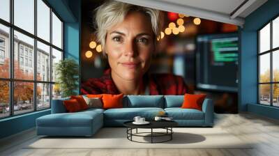 A confident woman with short hair sits in a dimly lit workspace, her computer screen showing lines of code, embodying empowerment and modern tech-savvy spirit. Wall mural