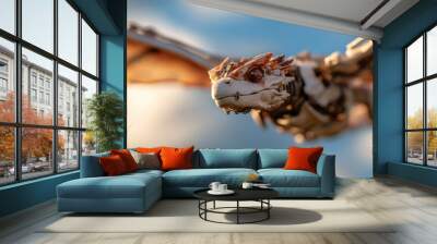 A detailed mechanical dragon with intricately designed wings is captured mid-flight, soaring through the sky, showcasing a blend of fantasy and technology. Wall mural