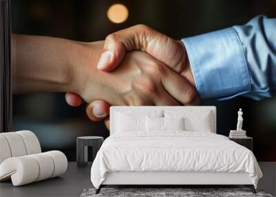 A focused close-up image of a handshake between two individuals, signifying agreement or partnership, captured with a blend of light and shadow in a professional setting. Wall mural