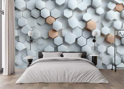 A geometric pattern made of white and peach hexagons adorns the wall, creating a modern and stylish visual effect. The abstract design adds a contemporary touch. Wall mural