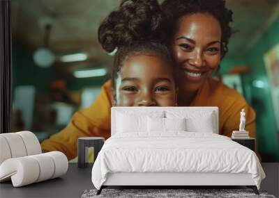 A joyful scene capturing a smiling mother and daughter in a bright, colorful room, illustrating warmth, love, and connection. The image radiates positivity and happiness. Wall mural