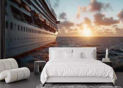 A large cruise ship floats peacefully on the calm ocean waters during a stunning sunset, symbolizing travel, relaxation, and the serene beauty of the sea. Wall mural