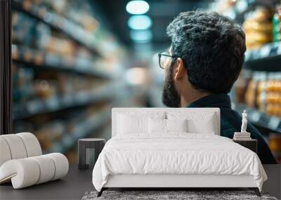 A man with glasses and dark curly hair is browsing the shelves of a grocery store aisle, surrounded by many various food and household products under bright lighting. Wall mural