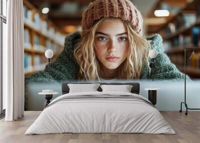 A person wearing a beanie is intensely focused on studying in a library, surrounded by books, capturing a modern and determined academic atmosphere. Wall mural