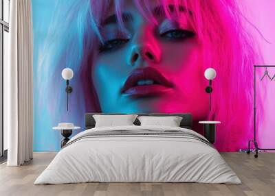 A person with light-colored hair stands, bathed in blue and pink gradient lighting, emphasizing the vibrant and stylish urban nightlife scene with an abstract touch. Wall mural