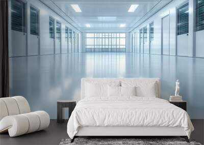 A pristine server room with rows of closed cabinet servers, white interior, and bright overhead lighting, suggesting technological advancement and reliability. Wall mural