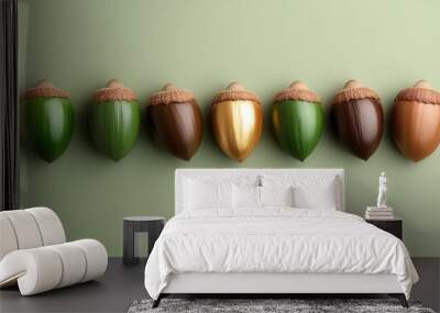 A realistic and shiny row of acorns, including one gold-accented acorn, combines nature with a touch of elegance, perfect for creative and artistic designs. Wall mural