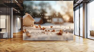 A small, snow-covered model house stands in a snowy setting, representing cozy home life and the charm of winter in a quaint village scene at sunrise. Wall mural