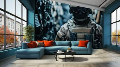 A soldier wearing tactical gear, complete with helmet and body armor, stands amidst a combat setting with an array of weaponry, highlighting themes of defense and readiness. Wall mural