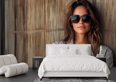 A woman with sunglasses stands against a bamboo wall, exuding a relaxed and confident vibe. Her casual attire adds to the laid-back atmosphere of the scene. Wall mural