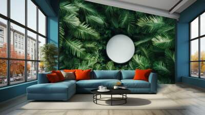 An aesthetically pleasing image featuring a circular white frame centered amidst dense, lush green foliage, creating a harmonious blend of natural elements and modern design. Wall mural