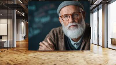 An elderly man wearing a cap and glasses sits in a studio with thoughtful poise. His beard and relaxed demeanor suggest an attitude of wisdom and introspection. Wall mural