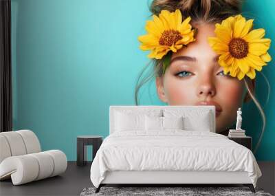 An elegant woman with two yellow flowers poses on a vivid turquoise backdrop, showcasing modern beauty and serenity, balanced with contemporary style and freshness. Wall mural