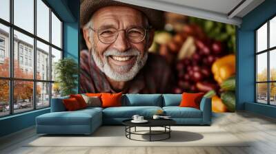 An inviting portrait of a smiling elderly man, donning glasses and a hat, surrounded by the vibrant colors of fresh market produce, radiating warmth. Wall mural