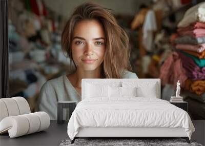 Casual brunette woman with a relaxed demeanor sits in a clothing store, surrounded by neatly folded garments, embodying the essence of casual fashion and comfort. Wall mural