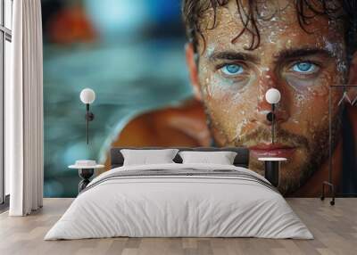 Close-up of a man with striking blue eyes and wet hair, submerged in water with a reflective, serious expression, creating a captivating and intense atmosphere. Wall mural