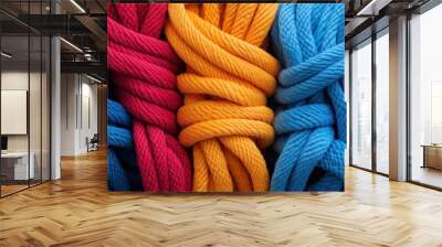 Detailed close-up of vibrant ropes intertwined with colors of blue, red, and orange, showcasing the artistic texture and detailed patterns of the ropes. Wall mural