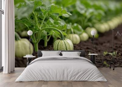 Small pumpkins growing in a row within farm garden soil, exhibiting varying stages of maturity with green leaves and healthy soil, representing natural growth cycles. Wall mural