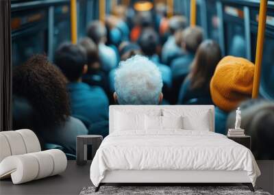 This image depicts the back view of a crowded bus filled with a diverse group of passengers, emphasizing the sense of community and urban daily life routines. Wall mural