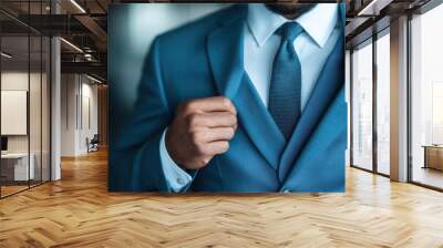 This image portrays a man dressed formally in a blue suit, capturing the elegance and sophistication associated with professional and business environments. Wall mural