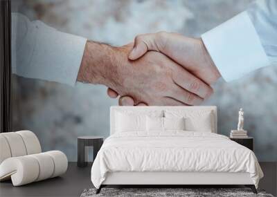 This image shows a close-up of two men firmly shaking hands, symbolizing a business agreement or partnership, against a blurred background of gray and white hues. Wall mural