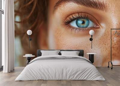 This vibrant image showcases a close-up view of a freckled person's face, with a soothing cream applied under the eye, highlighting beauty and skincare. Wall mural