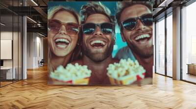 Three friends with stylish sunglasses and popcorn enjoy laughter and bright moments, showcasing happiness and carefree joy in a vibrant, sunny setting. Wall mural