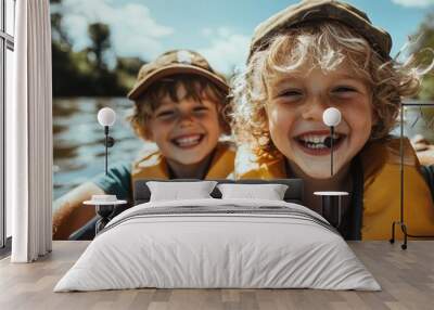 Two cheerful children in yellow life jackets enjoy a lively day on the water, riding in a boat under a bright blue sky, filled with energy and happiness. Wall mural