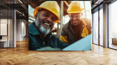 Two smiling construction workers in helmets review blueprints on a building site, highlighting collaboration and positive attitudes in the work environment. Wall mural