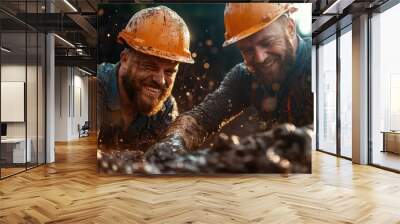 Two workers in helmets, laughing and coated in mud, confront challenges head-on, representing camaraderie, teamwork, and the triumph of positivity over adversity. Wall mural