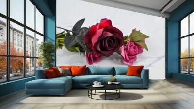 Big beautiful red rose and pink roses laying on white marble background, dare to be different, different beauty, unique beauty, outstanding, aura, glowing beauty concept, copy space selective focus Wall mural