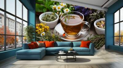 Cup of herbal tea with various herbs Wall mural