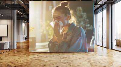 A female sneeze with tissue due to allergy reaction Wall mural