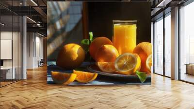 A glass of juice and fresh orange fruit closeup view Wall mural