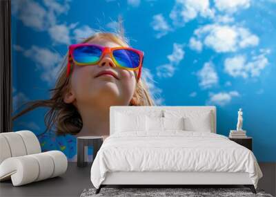 A happy little girl wearing colorful sunglasses with blue summer sky Wall mural