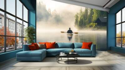 A man kayaking in still lake water with forest and fog Wall mural