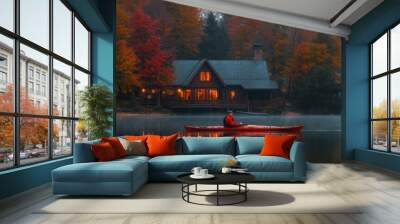 A person kayaking in water with colorful Autumn foliage woods and lake house Wall mural