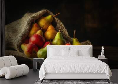 A pile of fresh pear closeup view on wooden table with dark background Wall mural