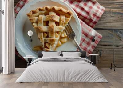 A slice of tasty delicious homemade apple pie in plate on table closeup view Wall mural