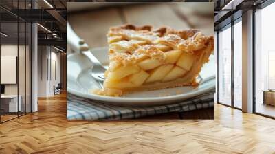 A slice of tasty delicious homemade apple pie in plate on table closeup view Wall mural