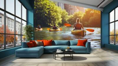 A woman kayaking in water in river with background of city skyscrapers Wall mural