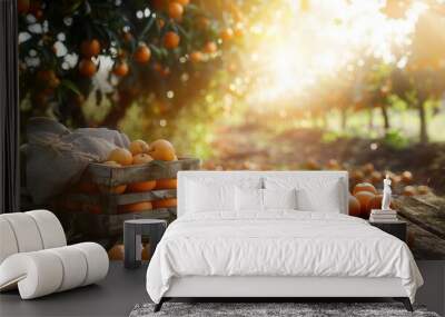 A wooden crate of newly harvested fresh orange fruit on ground in plantation farm field Wall mural