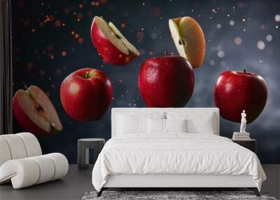 Apple fruit and cut flying in air with dark background Wall mural