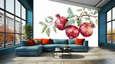 Artistic drawing painting of fresh pomegranate fruit plant leaf Wall mural